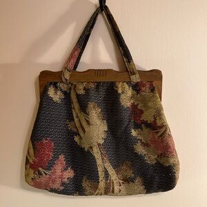 Vintage Floral Cloth Purse Tote Bag wood frame